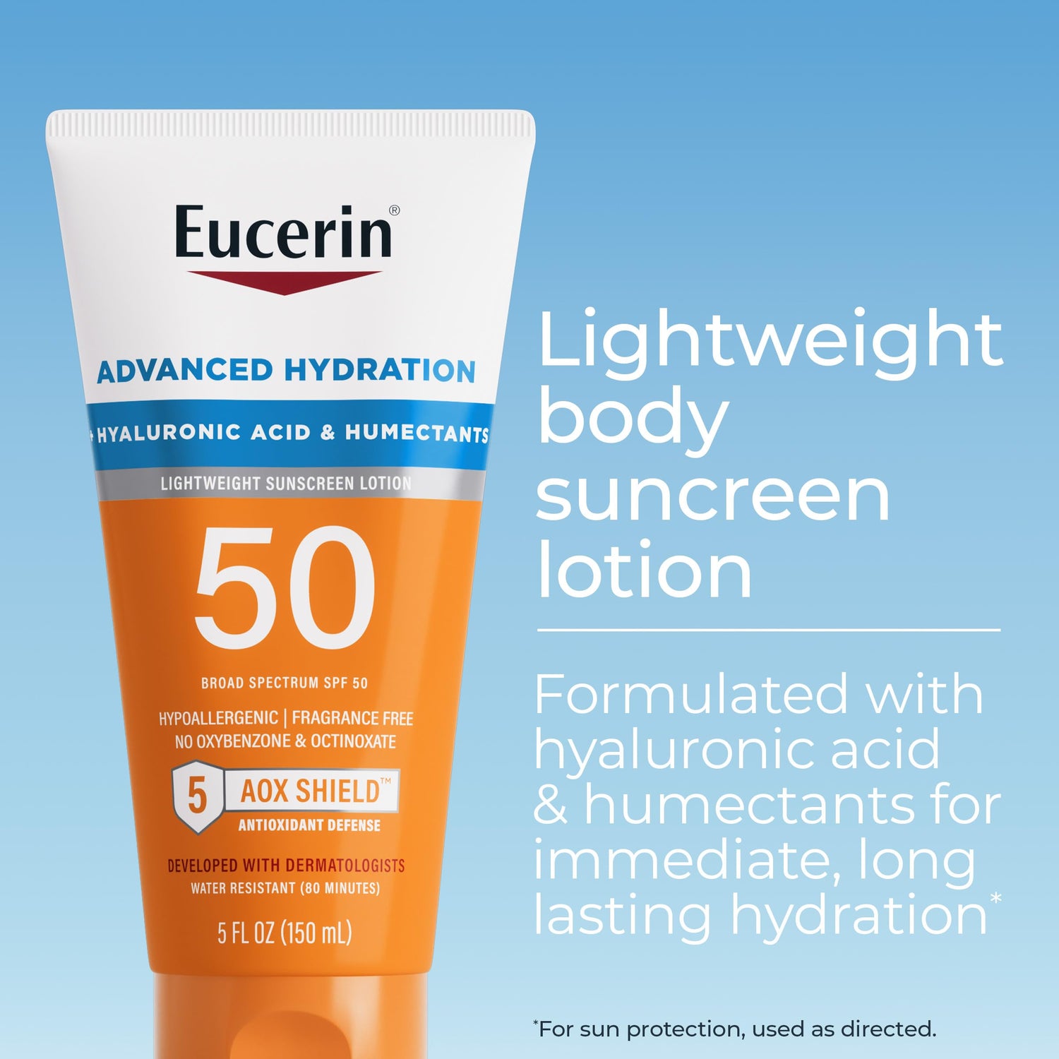 eucerin, advanced hydration, lightweight sunscreen lotion, spf 50, fragrance free, 5 fl oz (150 ml)