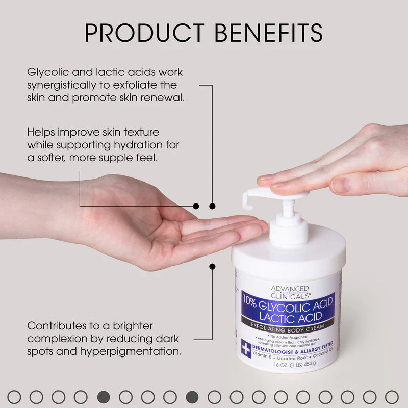 Advanced Clinicals, 10% Glycolic Acid, Lactic Acid, Exfoliating Body Cream, 16 oz (454 g)